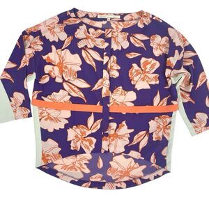 Rachel Roy Artsy Purple Orange 3/4 button top Tropical Florida Clemson Auburn M
